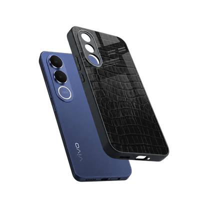 Croco Black sleek vivo v70 fe cover with tempered glass back and TPU edges
