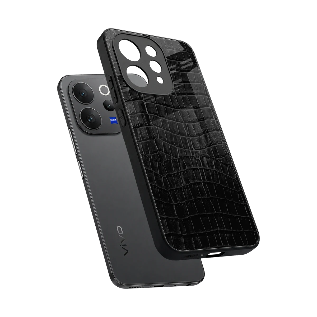 Croco Black sleek vivo v70 cover with tempered glass back and TPU edges