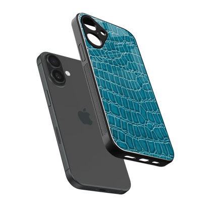Croco Blue sleek iphone 16 plus cover with tempered glass back and TPU edges