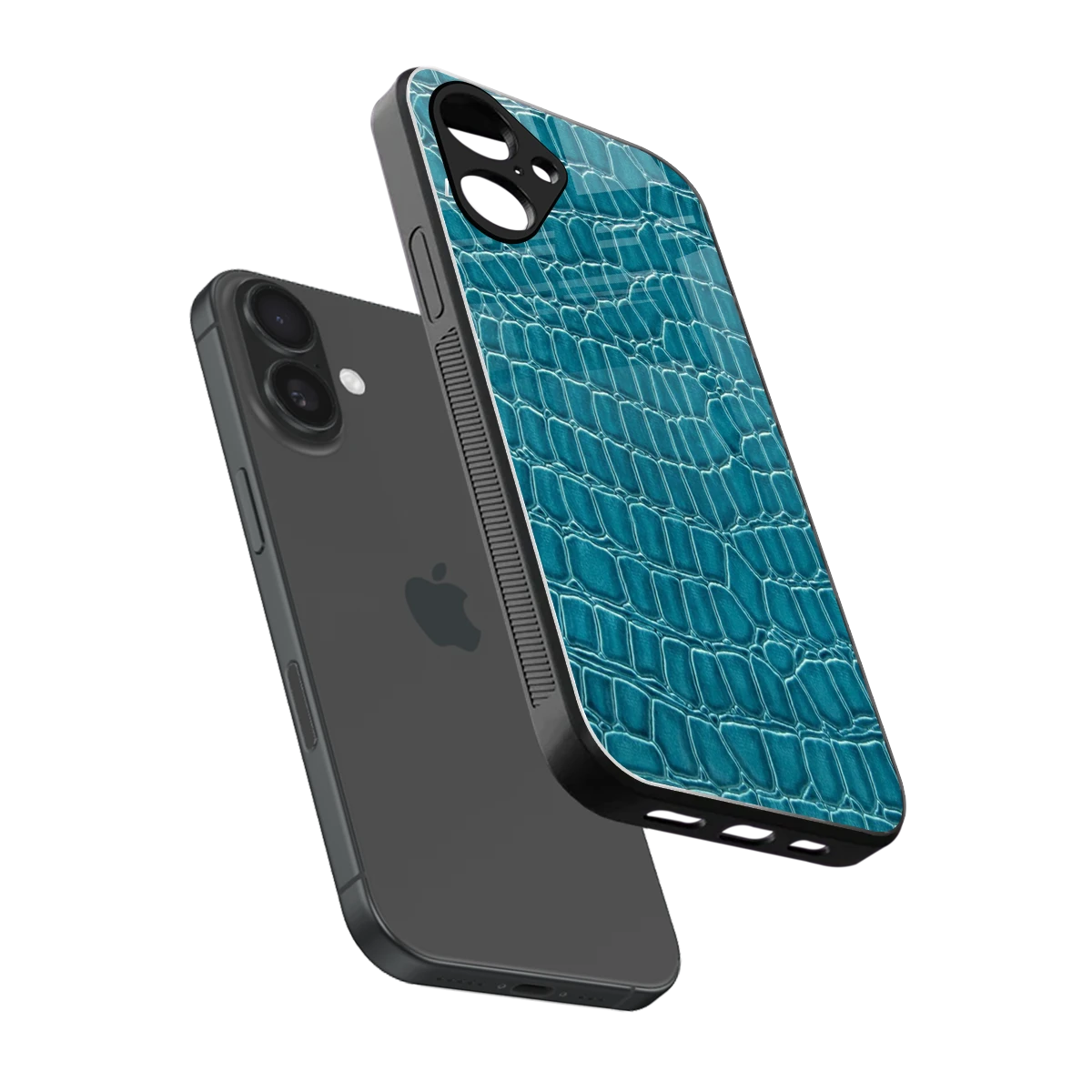 Croco Blue sleek iPhone 16 cover with tempered glass back and TPU edges