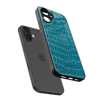 Croco Blue sleek iPhone 16 cover with tempered glass back and TPU edges