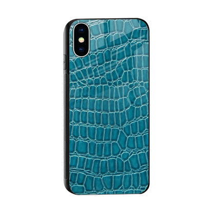 Croco Blue sleek iphone xs cover with tempered glass back and TPU edges