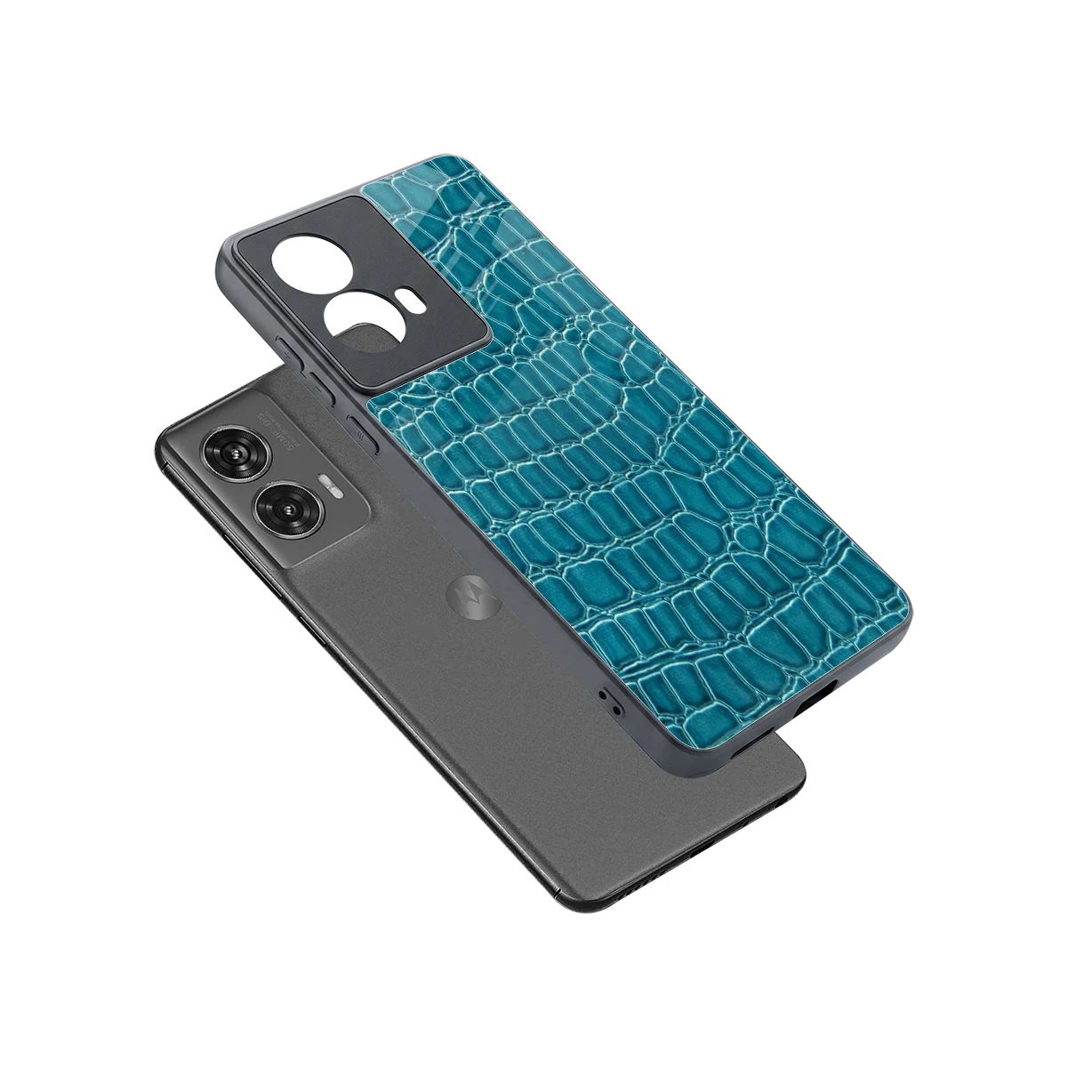 Croco Blue sleek motorola edge 50 fusion cover with tempered glass back and TPU edges