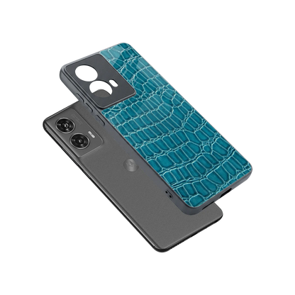 Croco Blue sleek motorola edge 50 fusion cover with tempered glass back and TPU edges