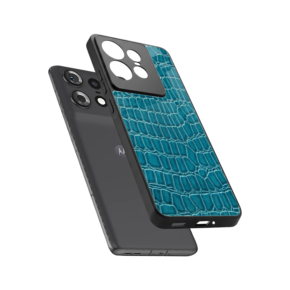 Croco Blue sleek motorola edge 50 pro cover with tempered glass back and TPU edges