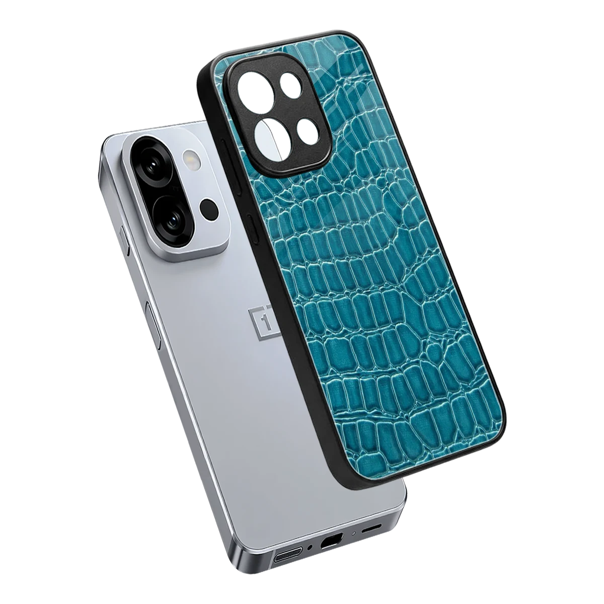 Croco Blue sleek oneplus 13s cover with tempered glass back and TPU edges