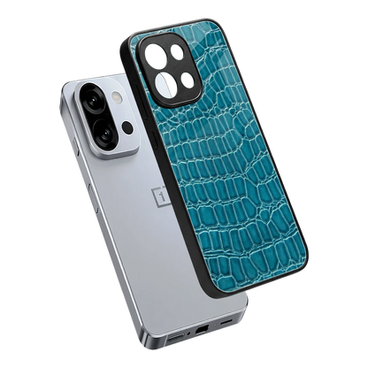 Croco Blue sleek oneplus 13s cover with tempered glass back and TPU edges