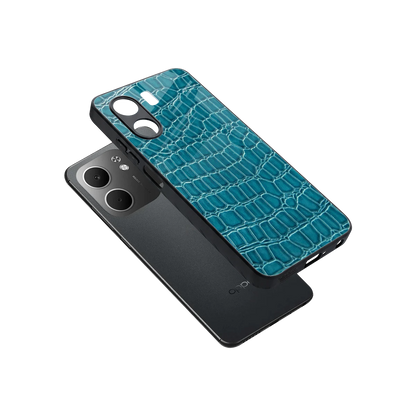 Croco Blue sleek oppo a5x 5g cover with tempered glass back and TPU edges