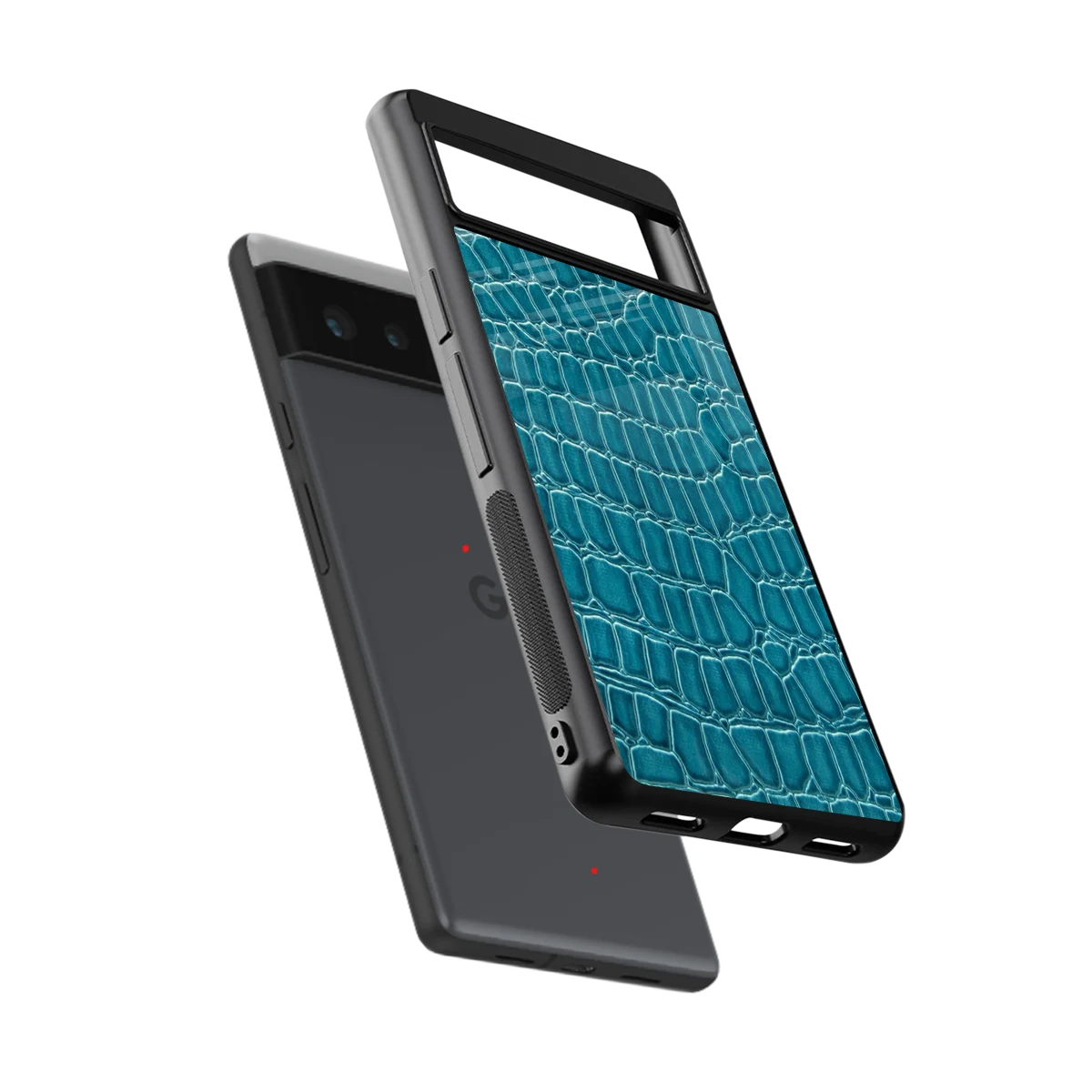 Croco Blue sleek google pixel 6a cover with tempered glass back and TPU edges