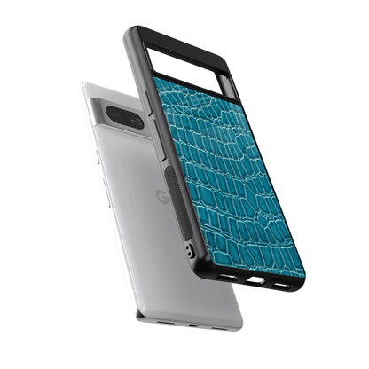 Croco Blue sleek google pixel 7 cover with tempered glass back and TPU edges