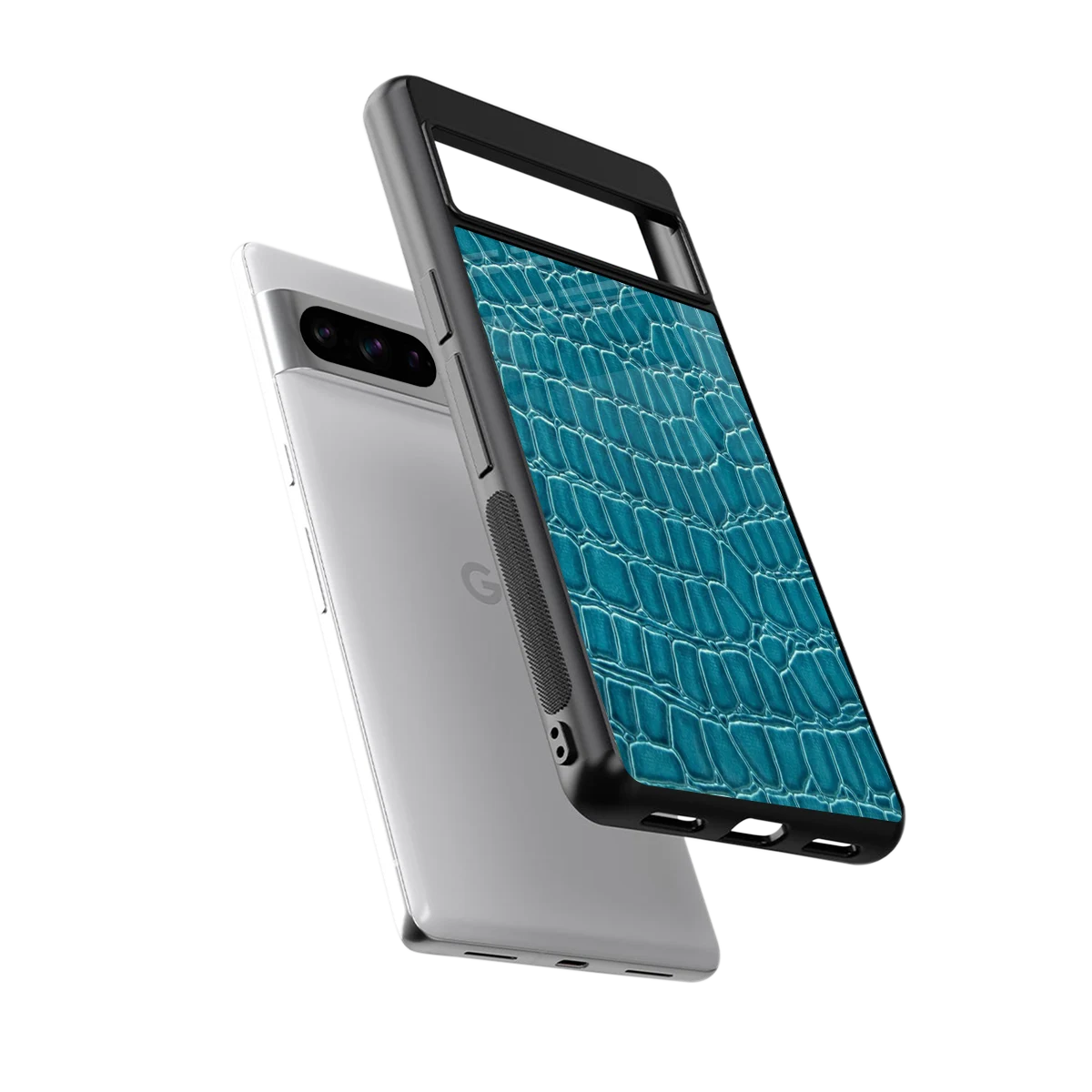 Croco Blue sleek google pixel 8 pro cover with tempered glass back and TPU edges