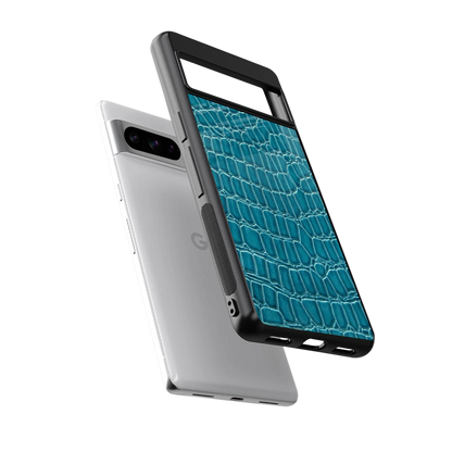 Croco Blue sleek google pixel 8 pro cover with tempered glass back and TPU edges