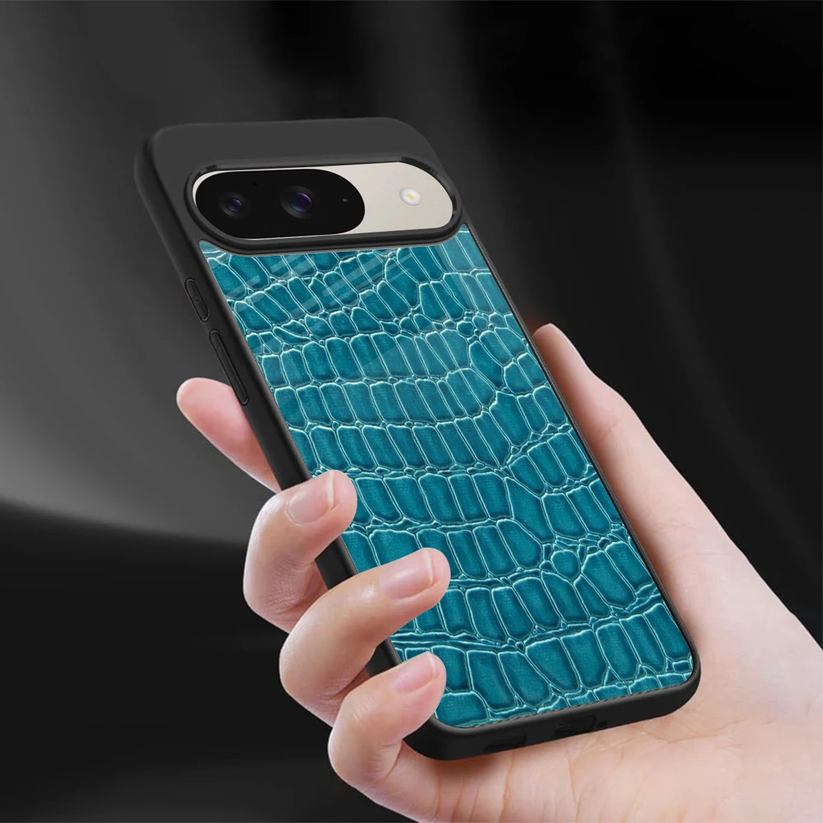 Croco Blue sleek google pixel 9 cover with tempered glass back and TPU edges