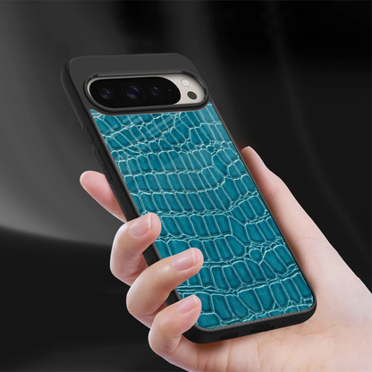 Croco Blue sleek google pixel 9 pro xl cover with tempered glass back and TPU edges