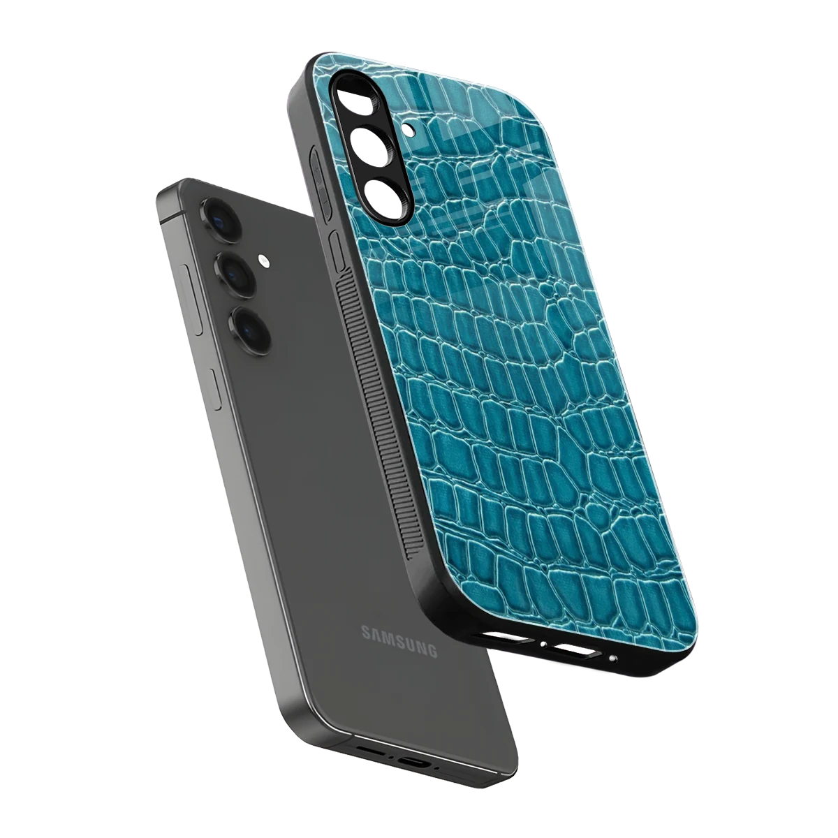 Croco Blue sleek samsung galaxy m35 5g cover with tempered glass back and TPU edges
