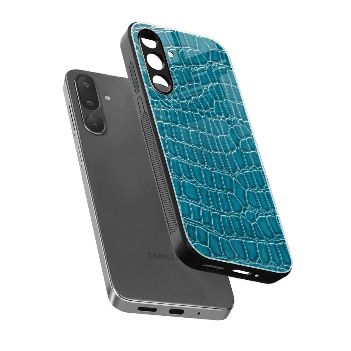 Croco Blue sleek samsung galaxy m56 5g cover with tempered glass back and TPU edges