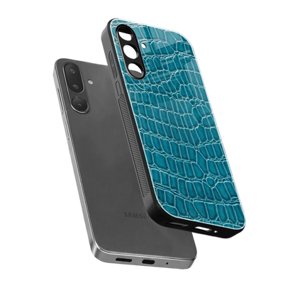 Croco Blue sleek samsung galaxy m56 5g cover with tempered glass back and TPU edges