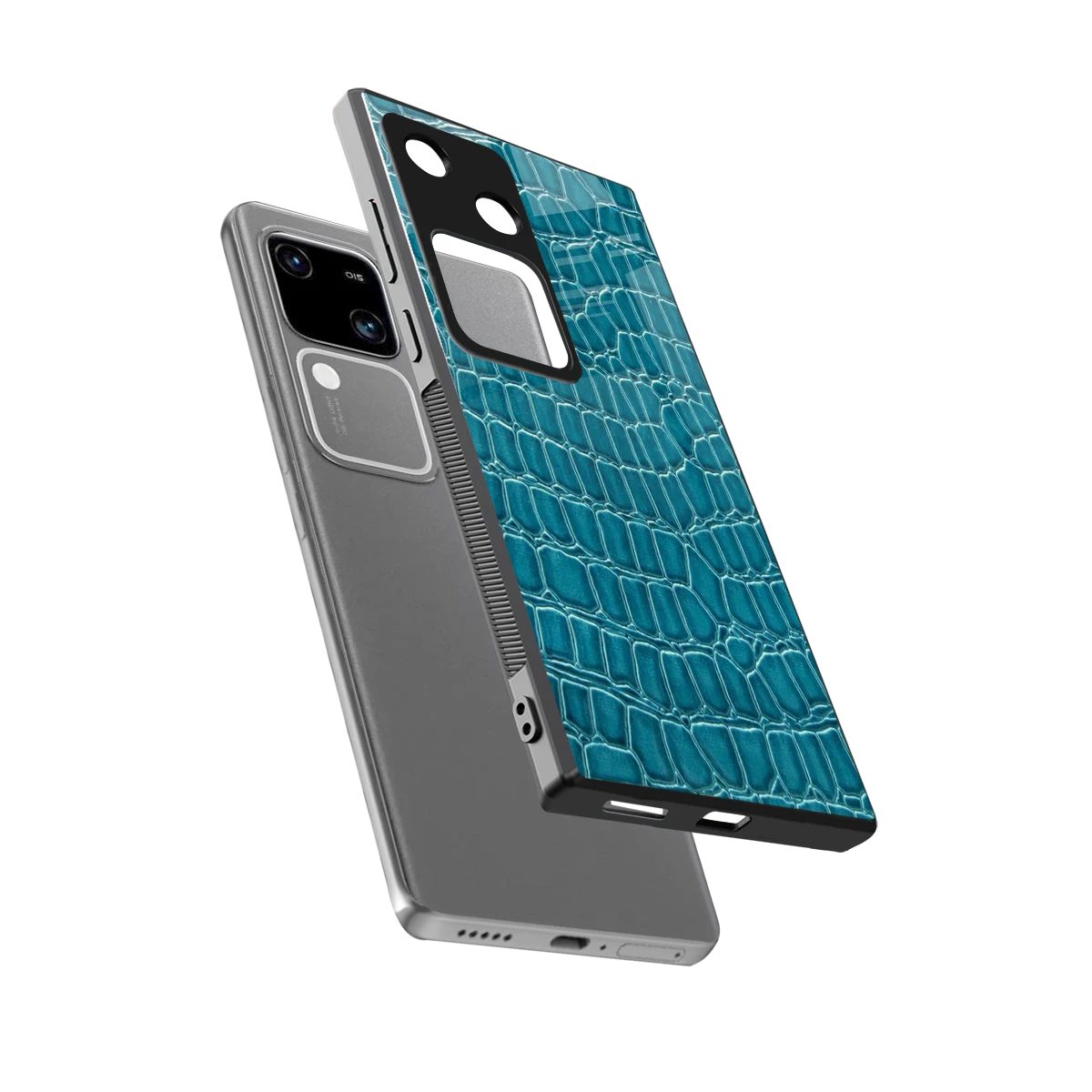 Croco Blue sleek vivo v30 cover with tempered glass back and TPU edges