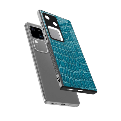 Croco Blue sleek vivo v30 cover with tempered glass back and TPU edges