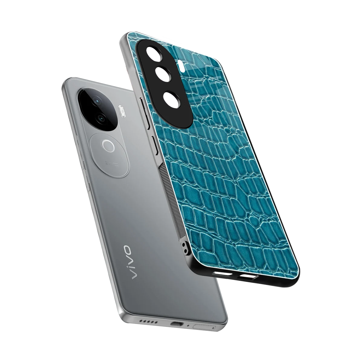 Croco Blue sleek vivo v40e cover with tempered glass back and TPU edges