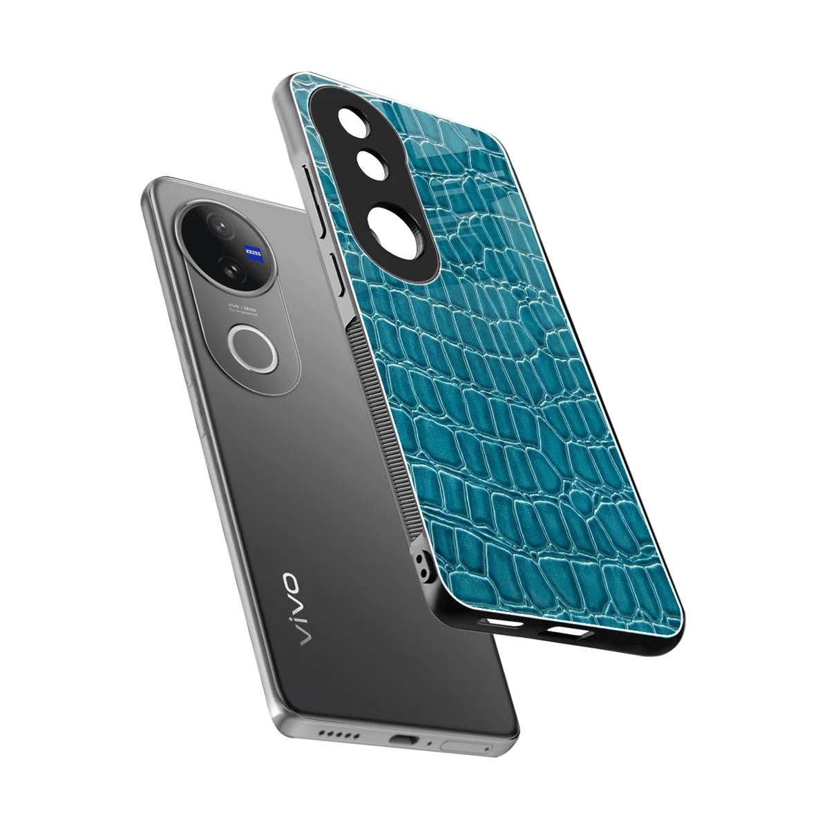 Croco Blue sleek vivo v50 cover with tempered glass back and TPU edges