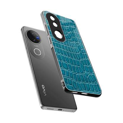 Croco Blue sleek vivo v50 cover with tempered glass back and TPU edges