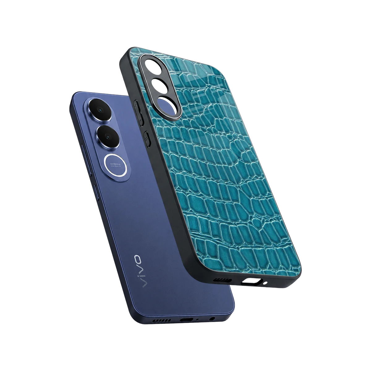 Croco Blue sleek vivo v70 fe cover with tempered glass back and TPU edges