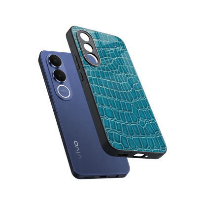 Croco Blue sleek vivo v70 fe cover with tempered glass back and TPU edges