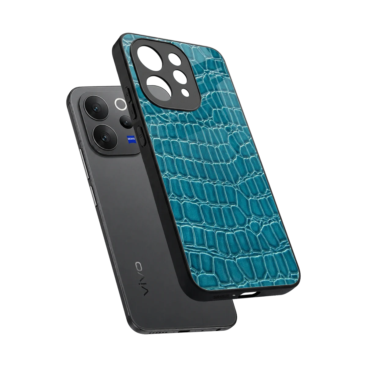 Croco Blue sleek vivo v70 cover with tempered glass back and TPU edges