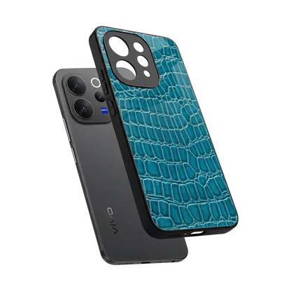 Croco Blue sleek vivo v70 elite cover with tempered glass back and TPU edges