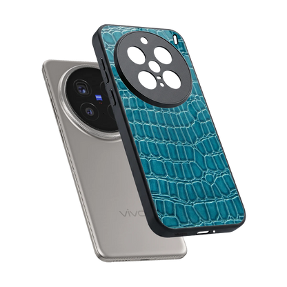 Croco Blue sleek vivo x200 pro cover with tempered glass back and TPU edges