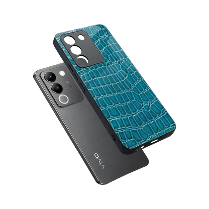 Croco Blue sleek vivo y200 5g cover with tempered glass back and TPU edges