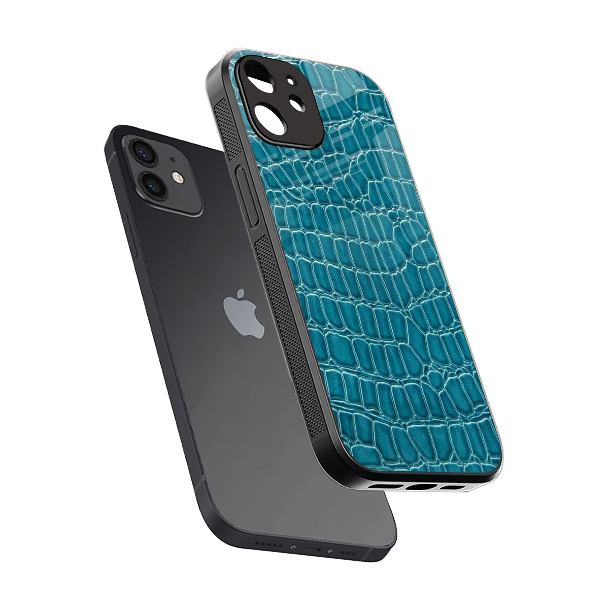 Croco Blue sleek iphone 12 cover with tempered glass back and TPU edges