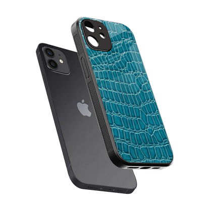 Croco Blue sleek iphone 12 cover with tempered glass back and TPU edges
