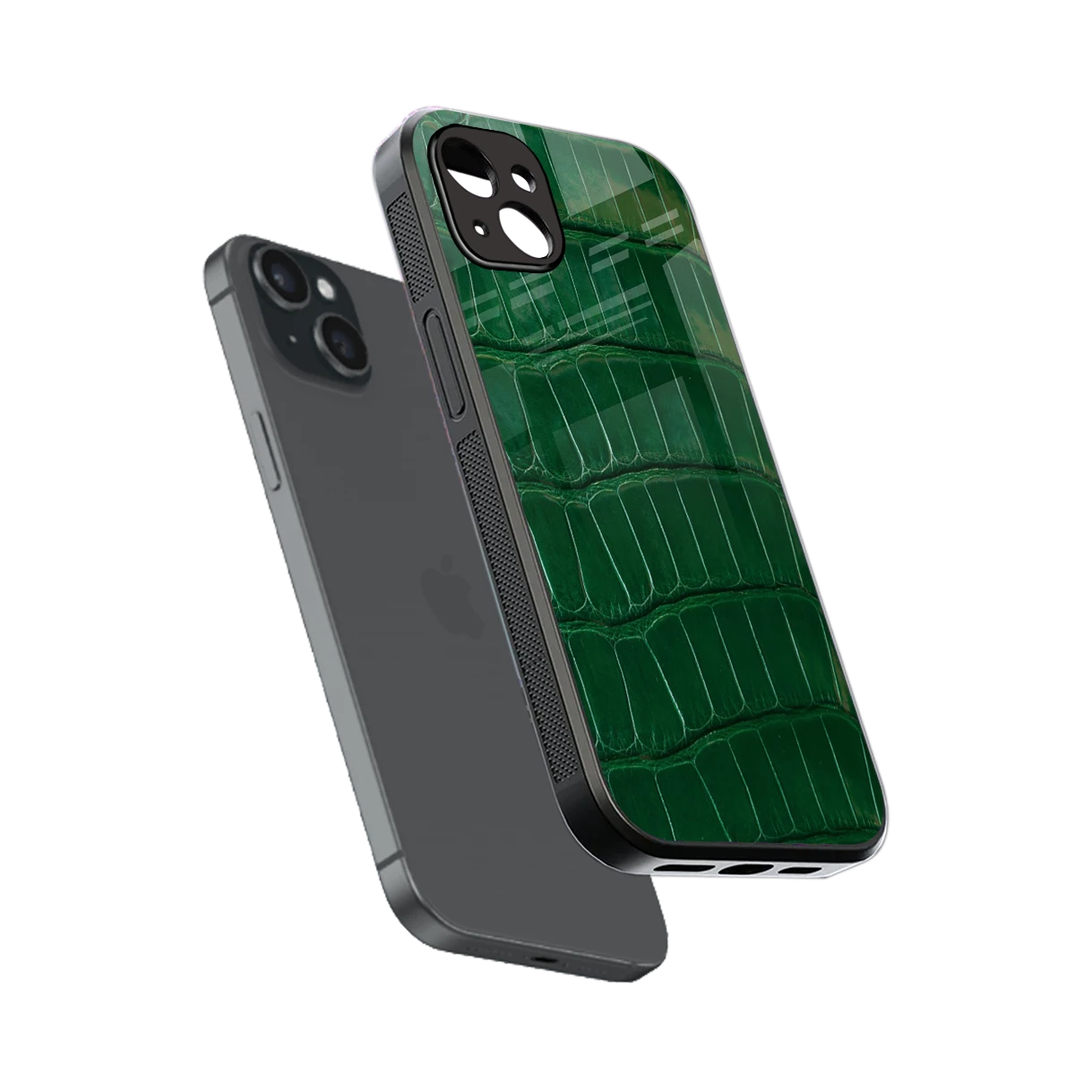 Croco Green sleek iphone 14 plus cover with tempered glass back and TPU edges