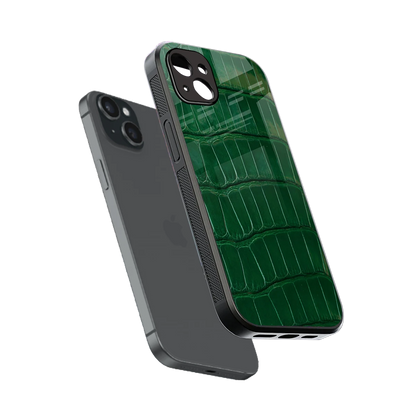Croco Green sleek iphone 14 plus cover with tempered glass back and TPU edges