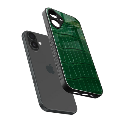 Croco Green sleek iphone 16 plus cover with tempered glass back and TPU edges