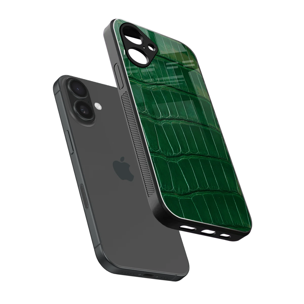 Croco Green sleek iPhone 16 cover with tempered glass back and TPU edges