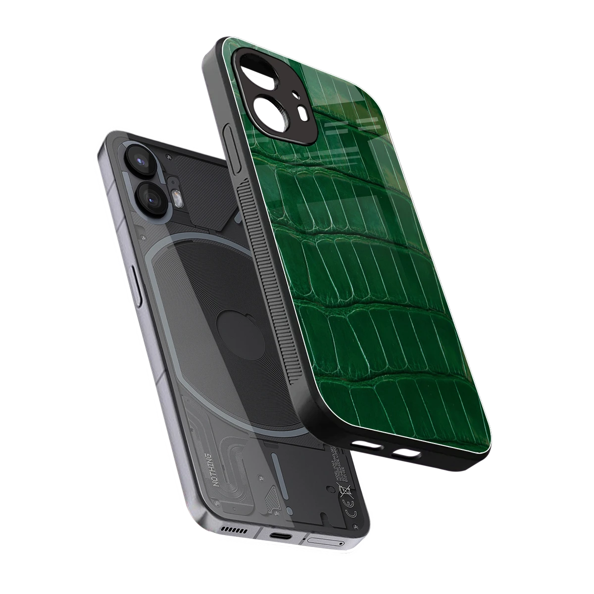 Croco Green sleek nothing phone 2 cover with tempered glass back and TPU edges
