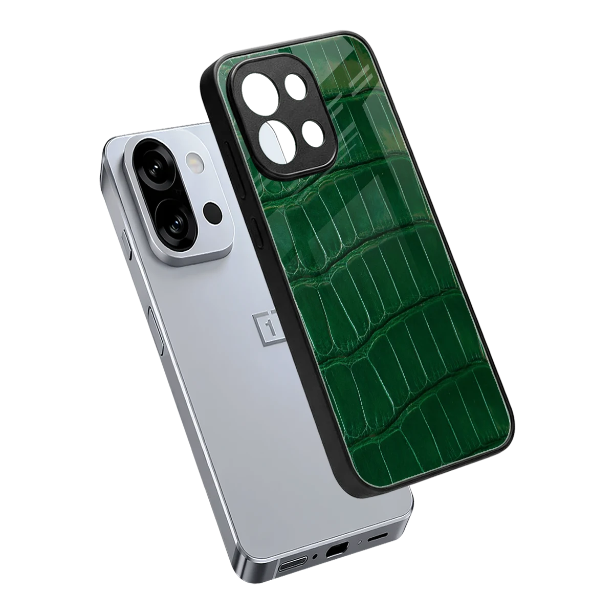 Croco Green sleek oneplus 13s cover with tempered glass back and TPU edges
