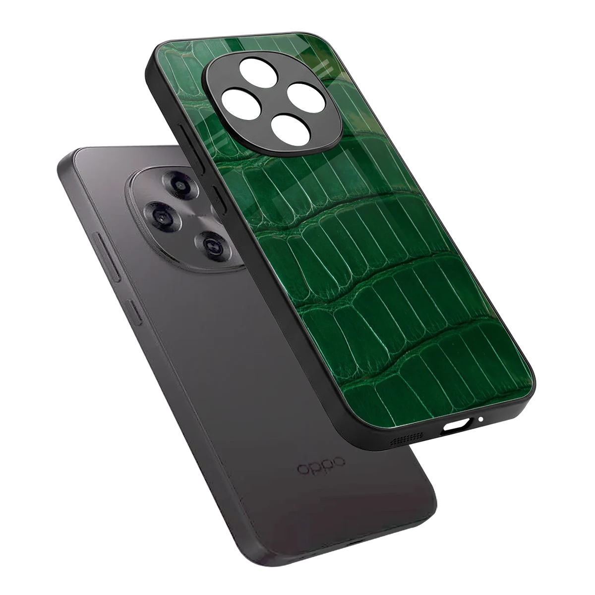 Croco Green sleek oppo f31 pro 5g cover with tempered glass back and TPU edges