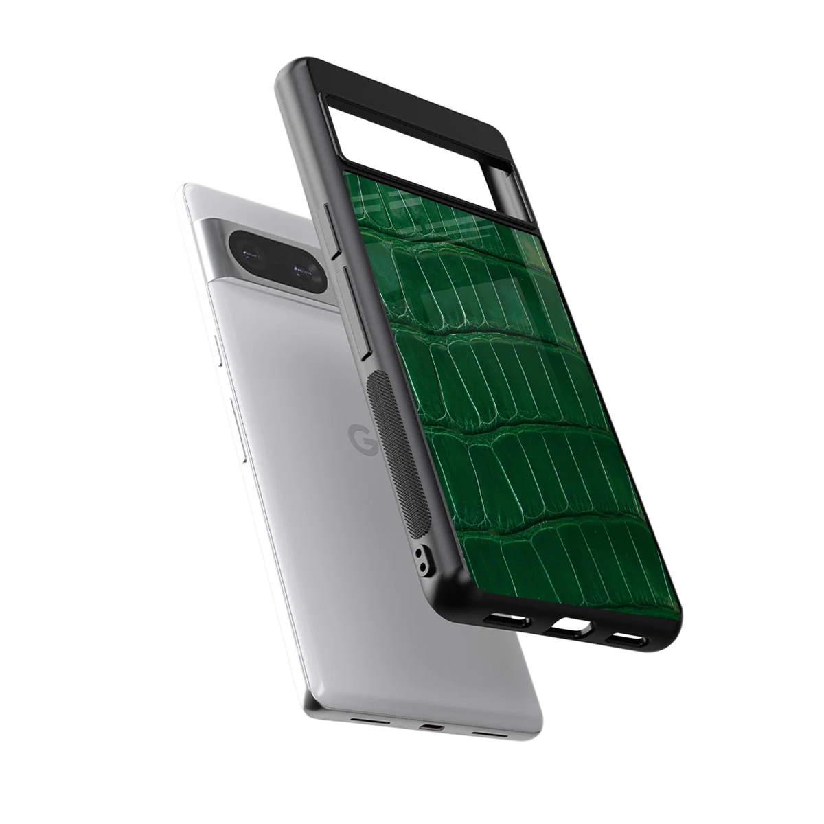 Croco Green sleek google pixel 8 cover with tempered glass back and TPU edges