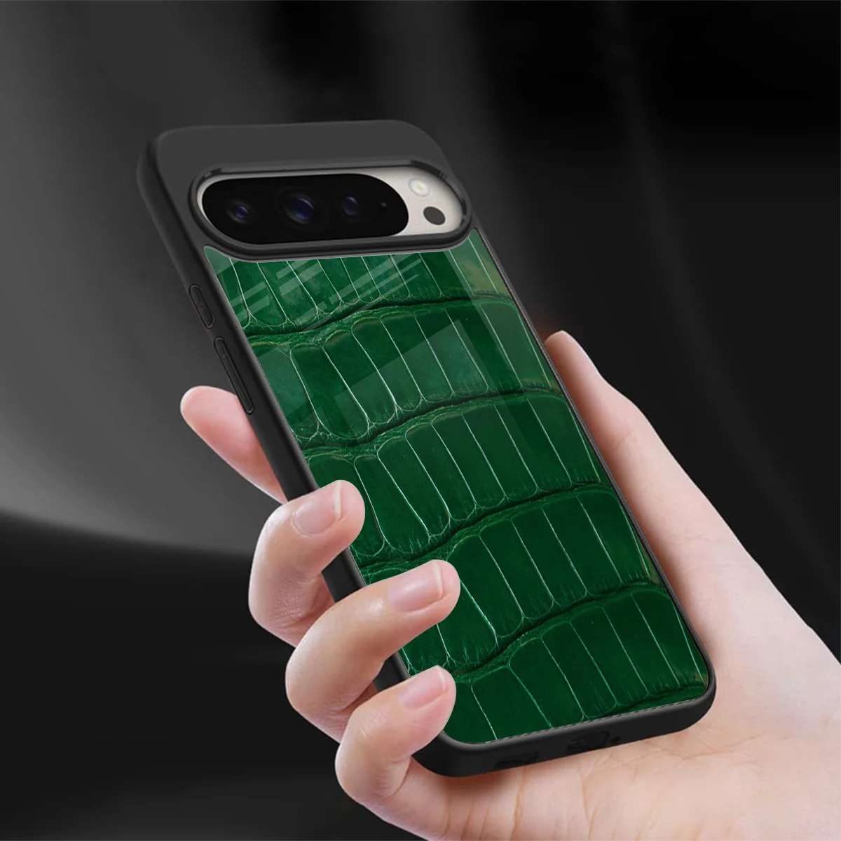 Croco Green sleek google pixel 9 pro xl cover with tempered glass back and TPU edges