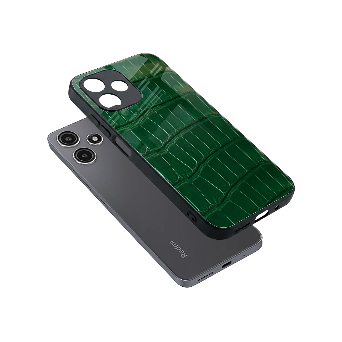Croco Green sleek redmi 12 5g cover with tempered glass back and TPU edges