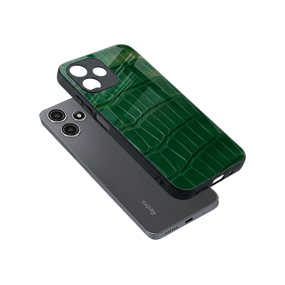 Croco Green sleek redmi 12 5g cover with tempered glass back and TPU edges