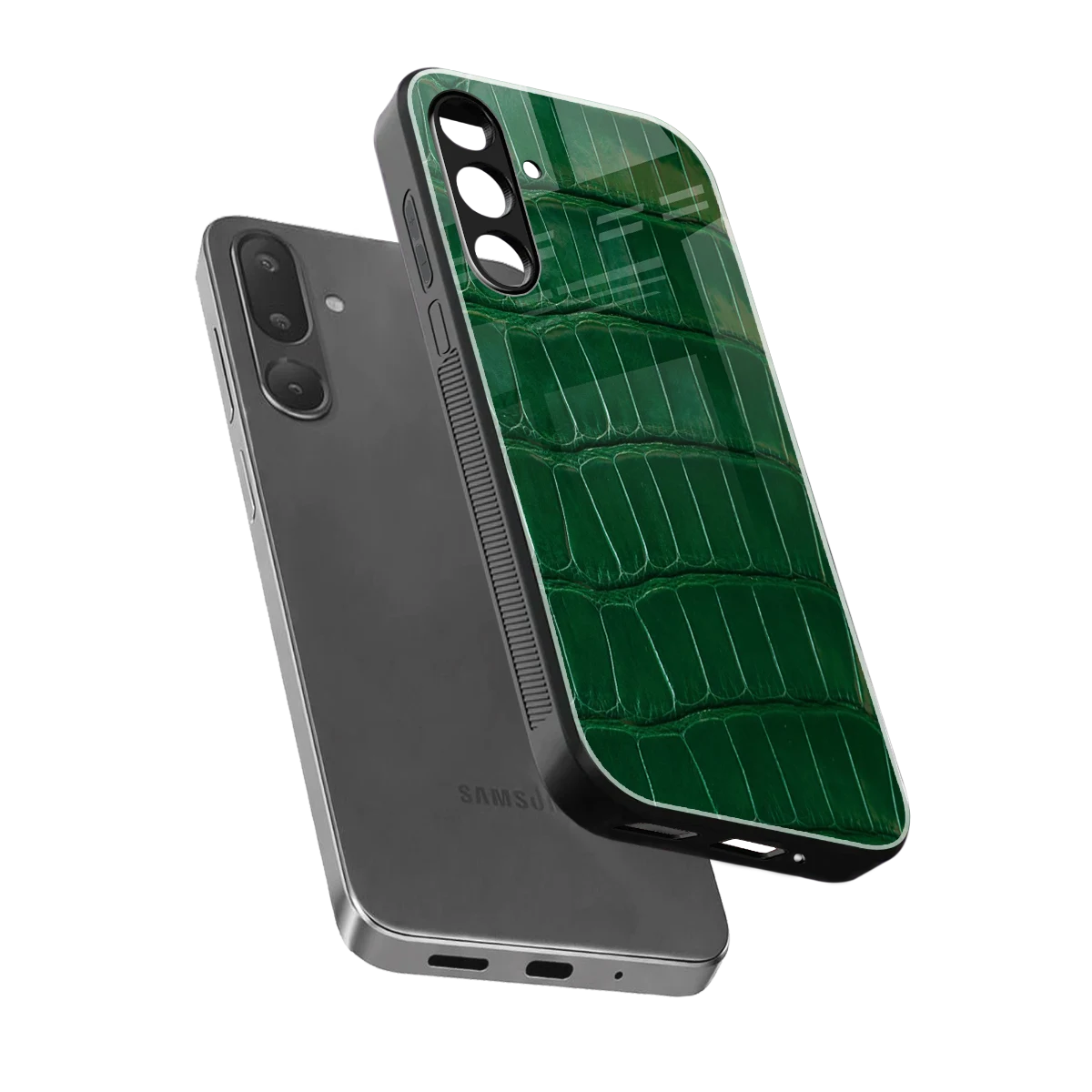 Croco Green sleek samsung galaxy m16 5g cover with tempered glass back and TPU edges