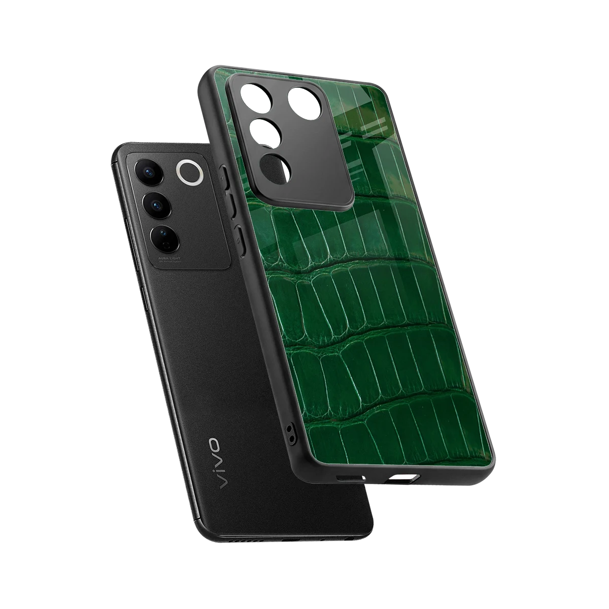 Croco Green sleek vivo v27 5g cover with tempered glass back and TPU edges