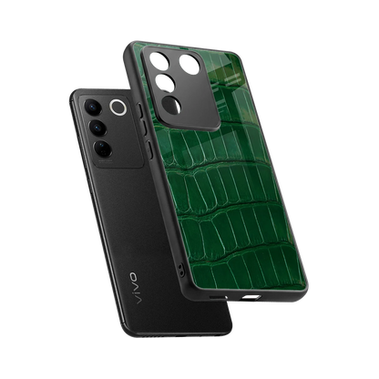 Croco Green sleek vivo v27 5g cover with tempered glass back and TPU edges