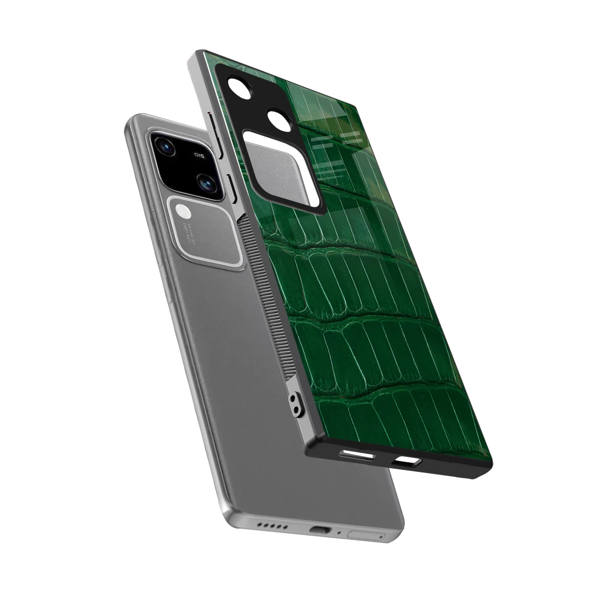 Croco Green sleek vivo v30 cover with tempered glass back and TPU edges