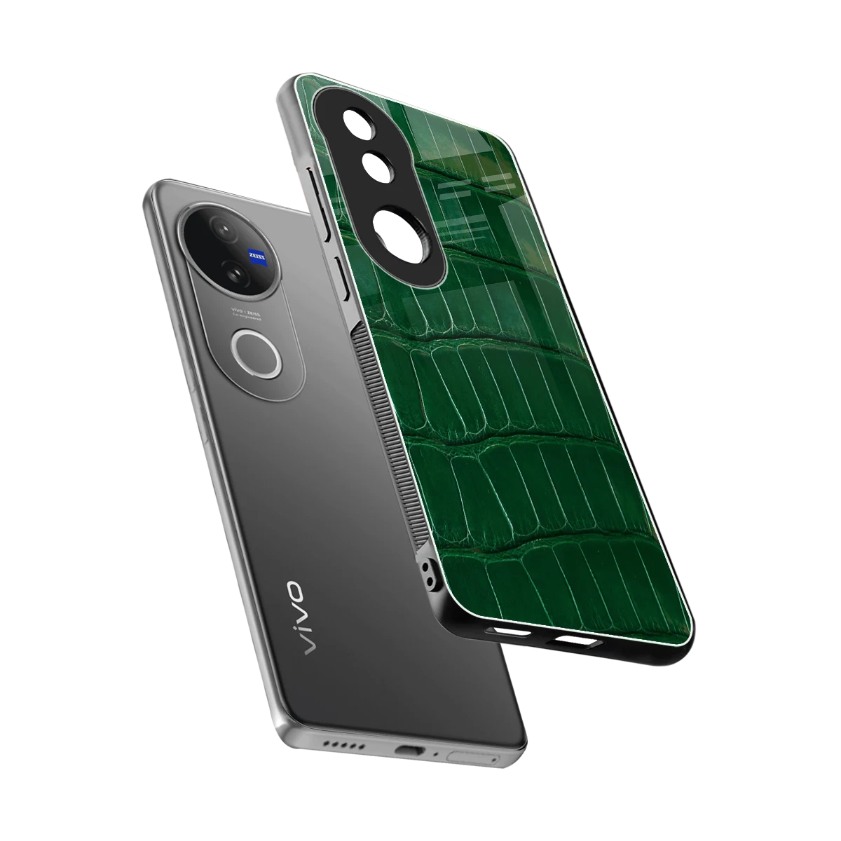 Croco Green sleek vivo v50 cover with tempered glass back and TPU edges